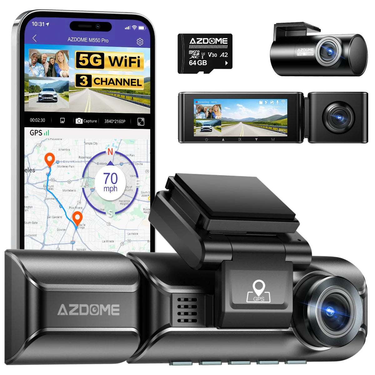 AZDOME M550 Pro 3CH Dash Cam 4K with 5G WiFi, 3.19" Screen IR Night Vision 24H Parking Mode