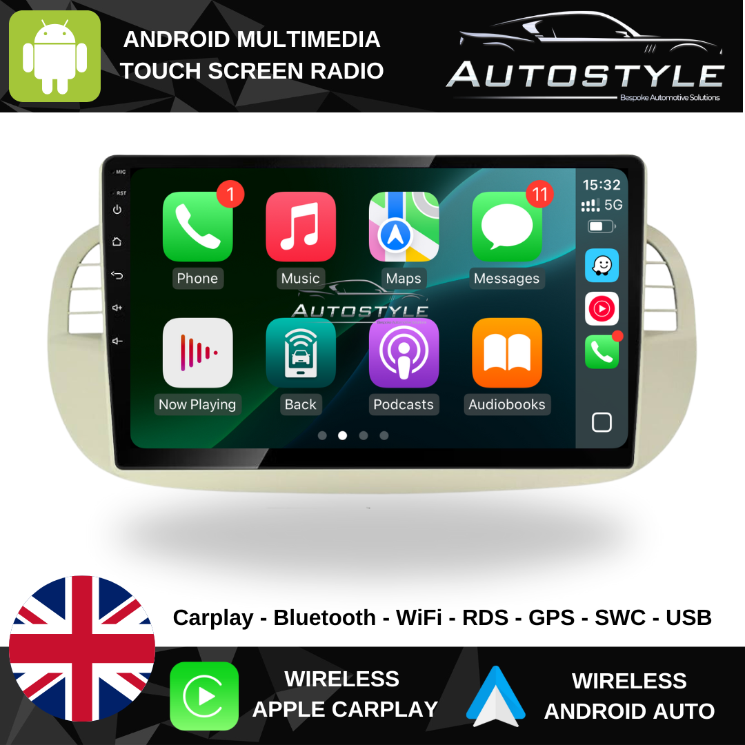 Fiat 500 Apple Carplay / Android Auto 9" Stereo Upgrade