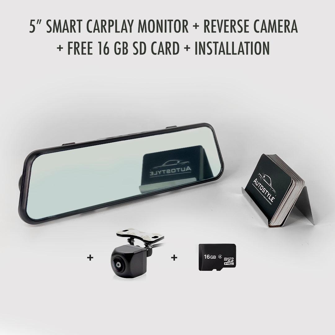 5" Smart CarPlay Mirror Monitor with Built-in Dash Cam + Reverse Camera + Free 16GB SD Card + Installation Bundle - AUTOSTYLE UK